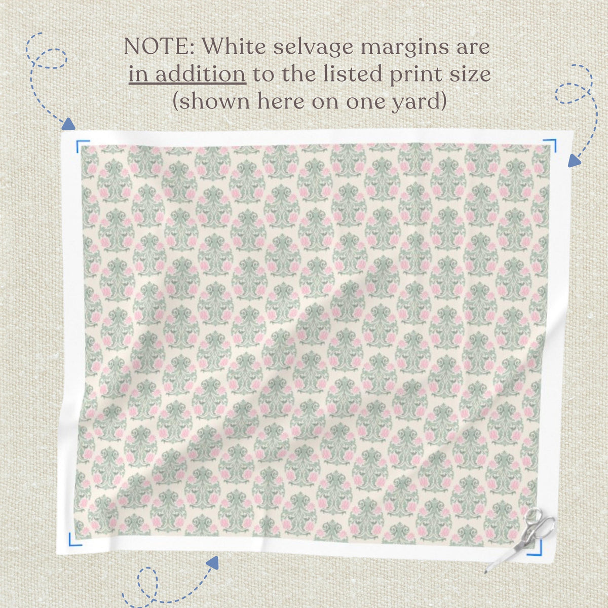 Quilting cotton in blush & sage damask fabric with blush and sage botanical damask design