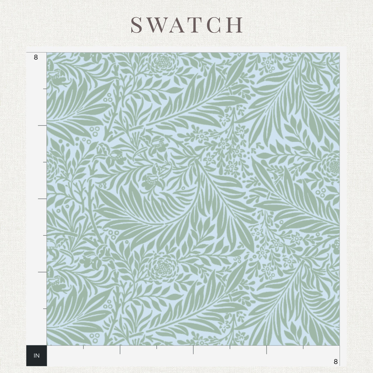 Sage and light blue William Morris Larkspur print detail on sage & light blue Larkspur fabric
