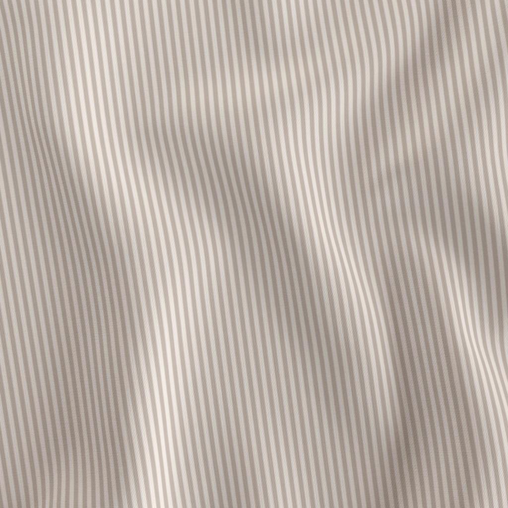 Greige 1/8 inch candy stripe fabric draped to show the soft hand and fine greige and cream stripe