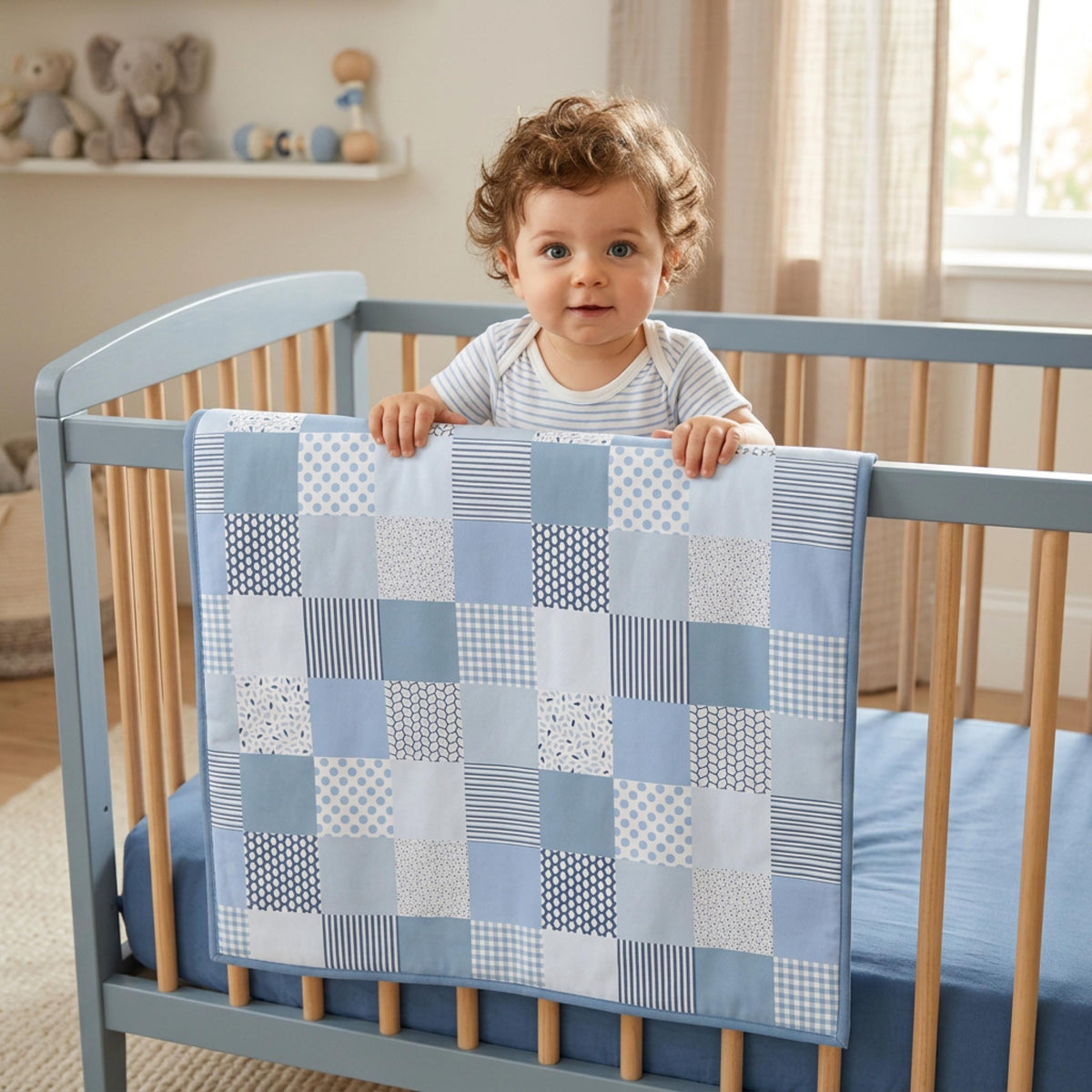 Child in a crib beside a finished blue baby boy cheater quilt