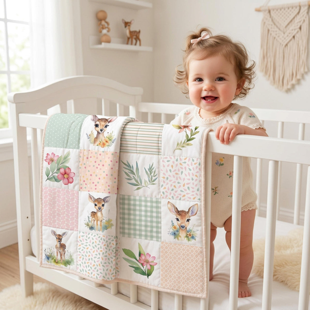 Baby girl standing in a crib beside a finished Meadow Fawn quilt