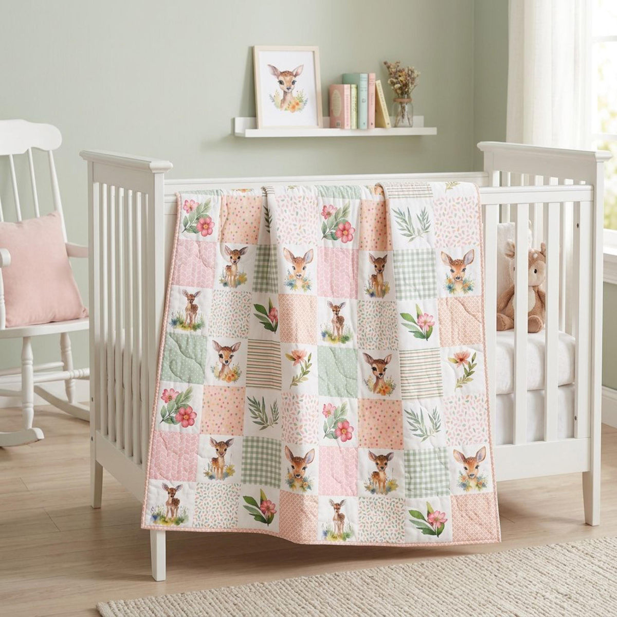 Meadow Fawn woodland nursery quilt draped over a crib