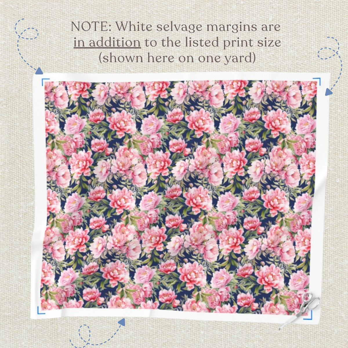 Pink peonies on navy floral quilting fabric print