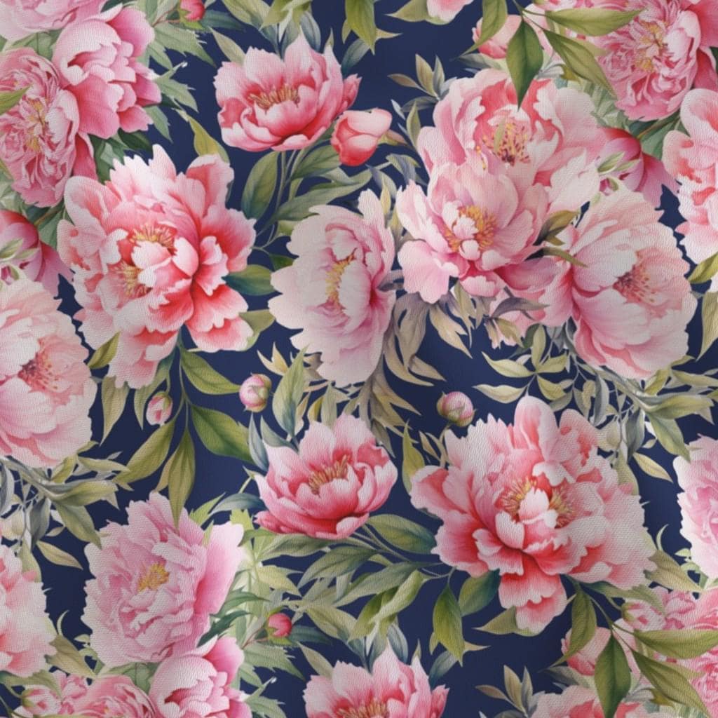 Pink peonies on navy floral quilting cotton fabric by the yard