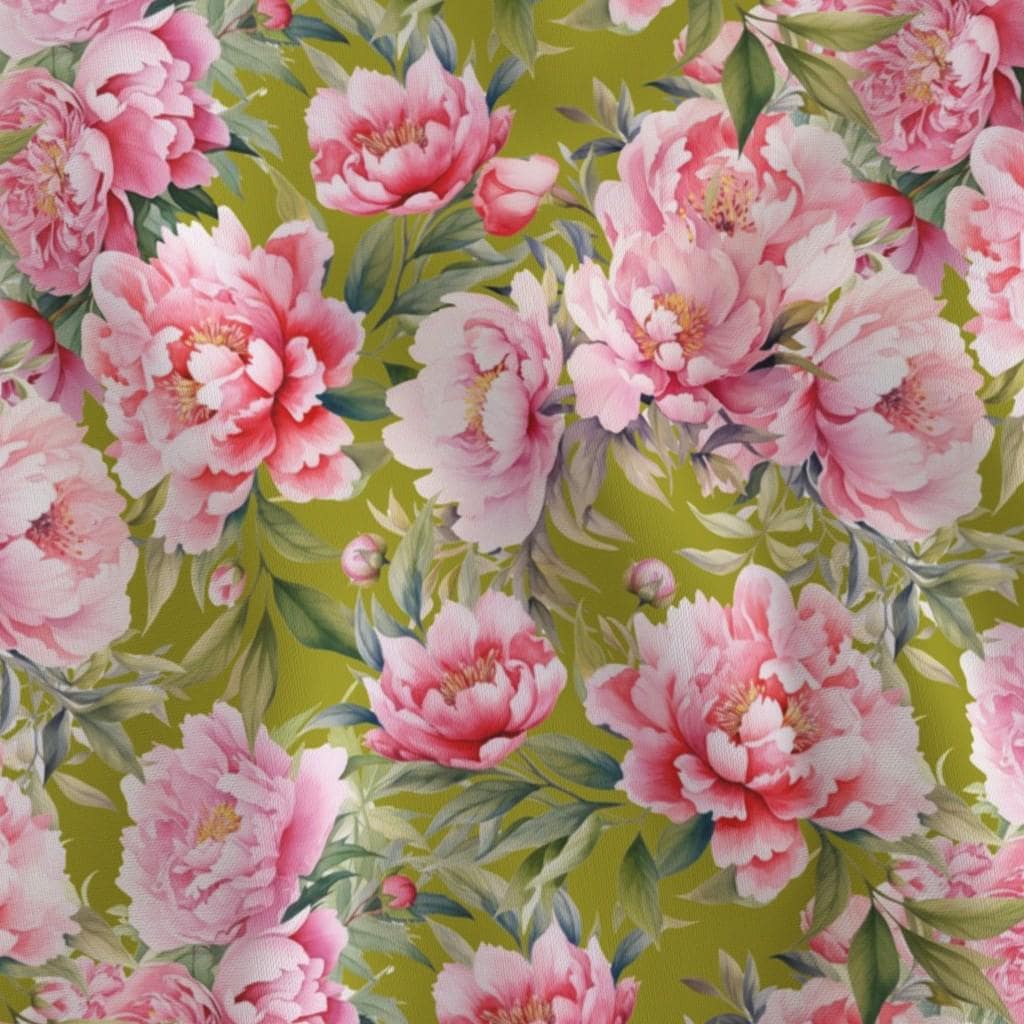 Pink peonies on green floral quilting cotton fabric by the yard