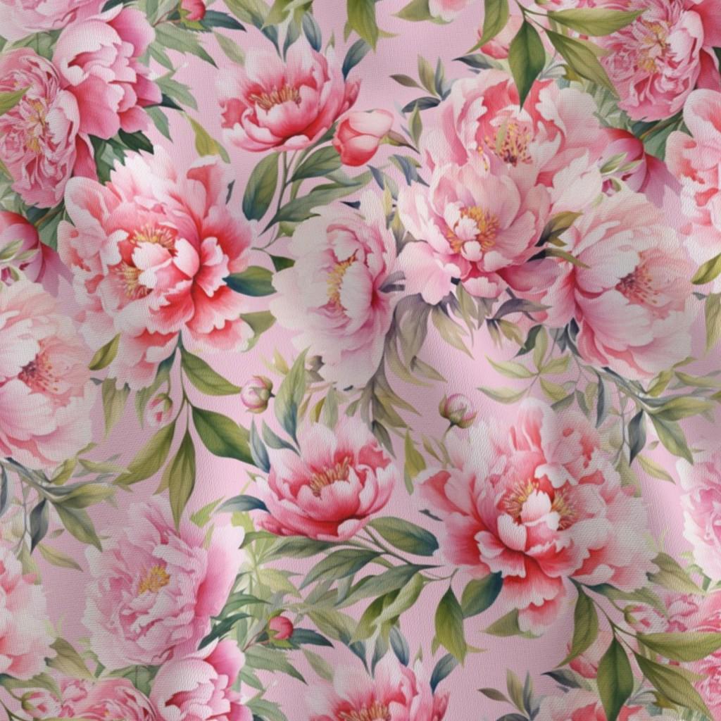 Pink peonies on blush floral quilting cotton fabric by the yard