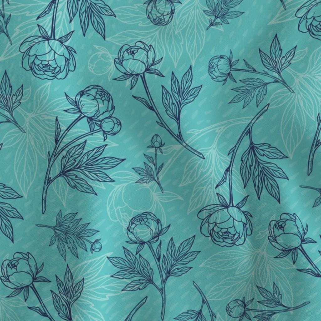 Aqua peony sketch floral blender quilting cotton fabric by the yard