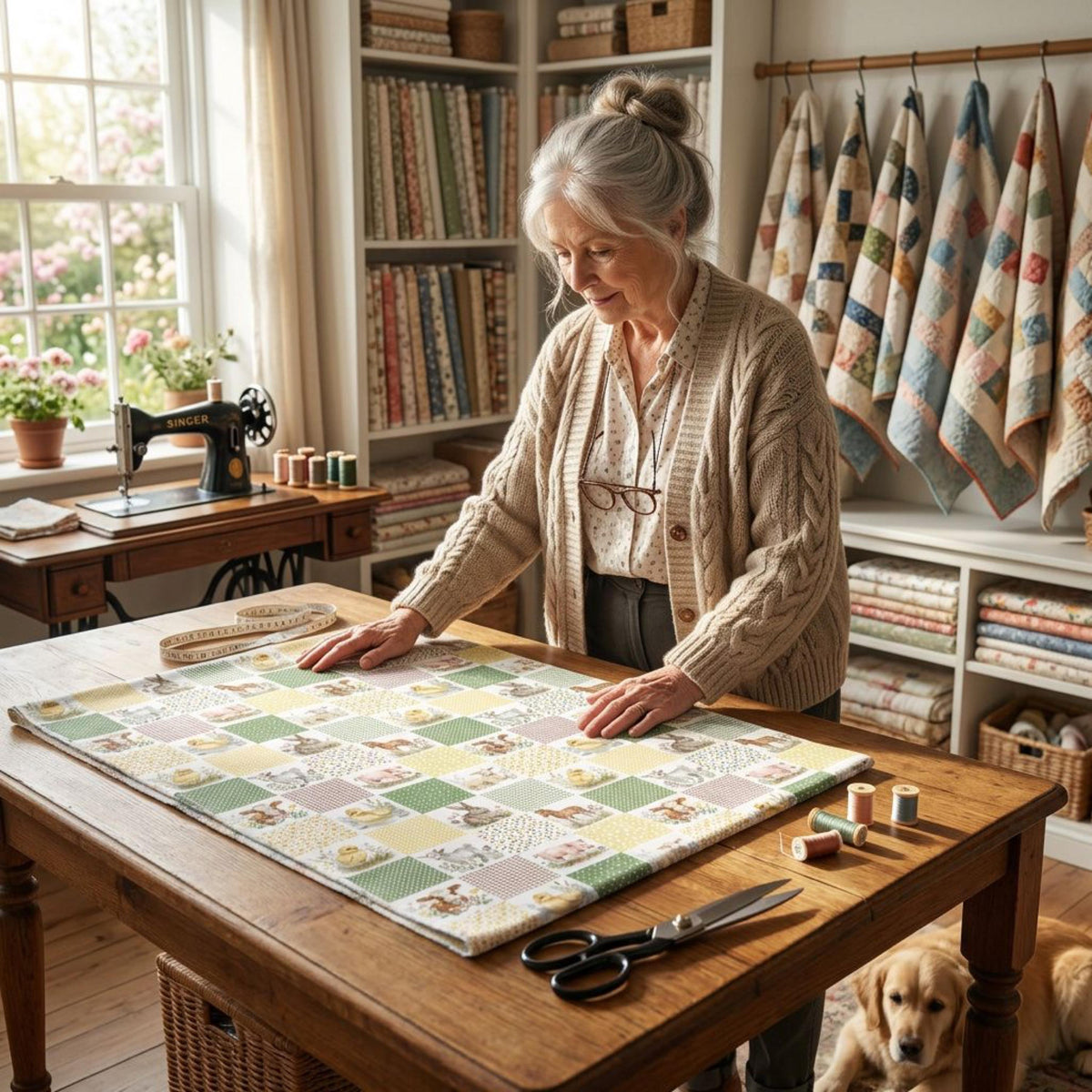 Grandmother making a baby quilt from farm animals cheater quilt fabric
