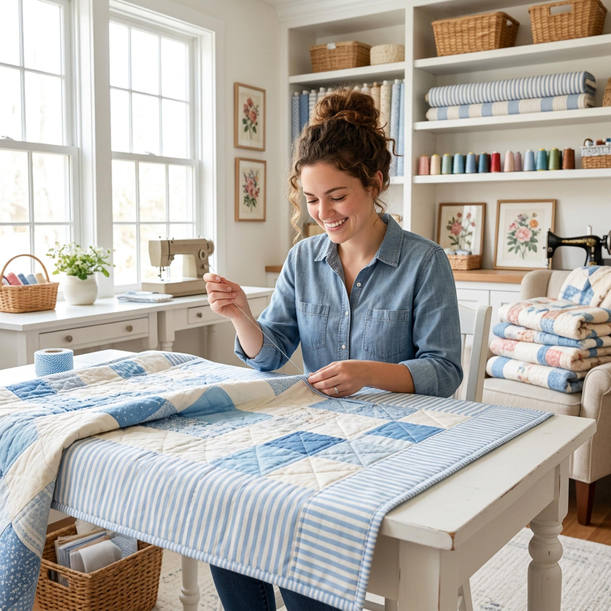 Quilter sewing a blue patchwork quilt at her table – 1/8 inch candy stripe fabric makes a crisp quilt binding