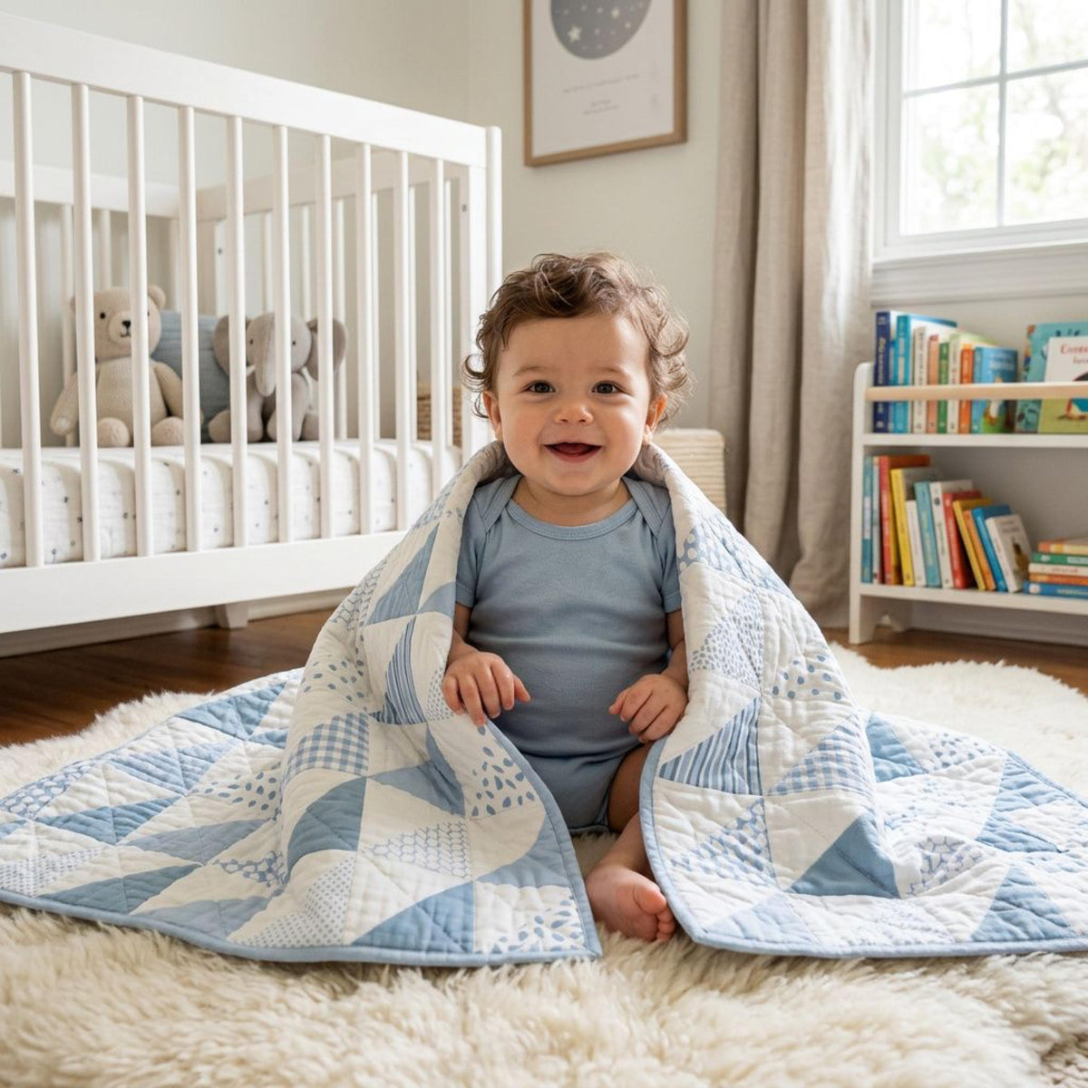 Baby wrapped in a blue HST cheater quilt blanket in a cozy nursery