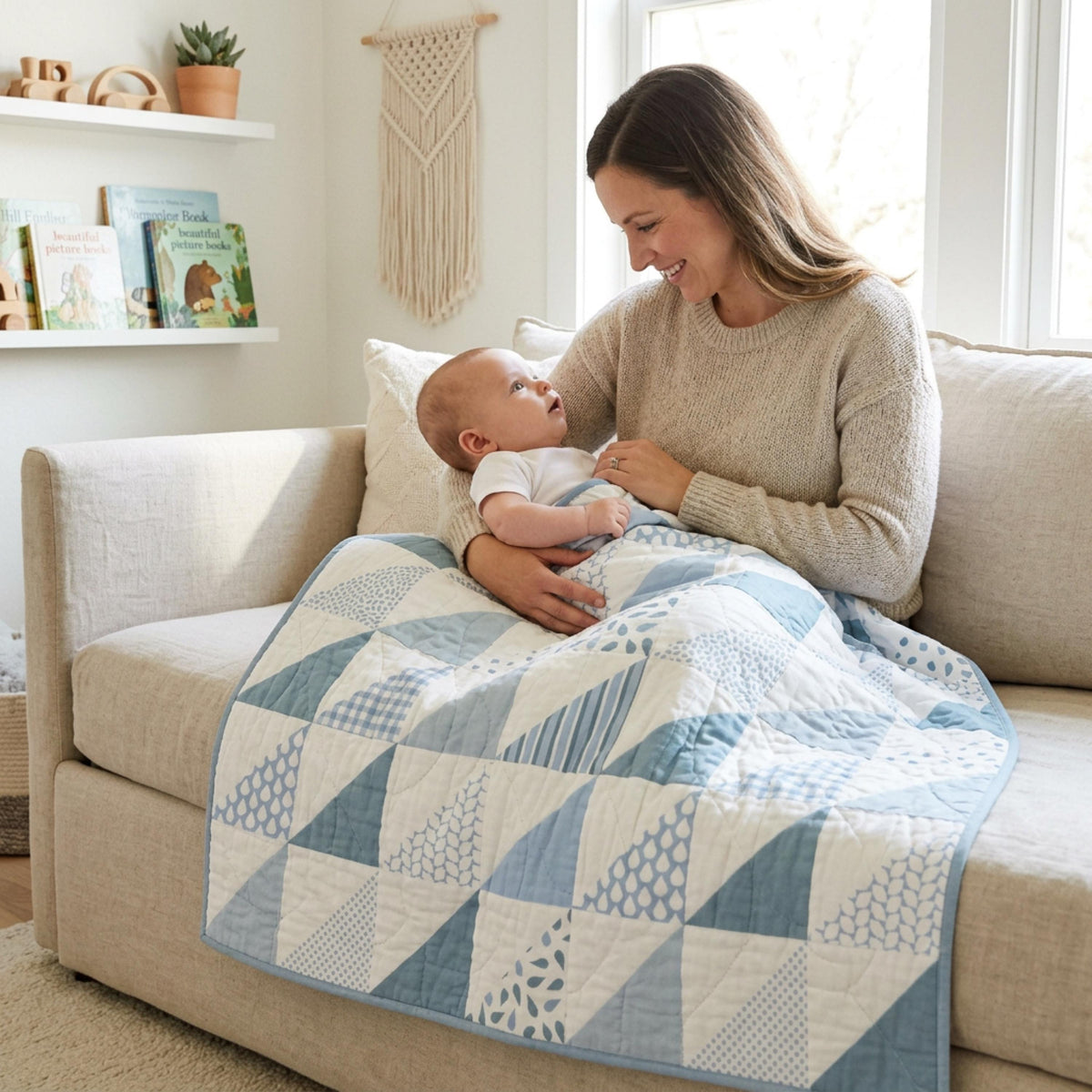 Mother holding a baby in a blue HST cheater quilt blanket in a bright nursery