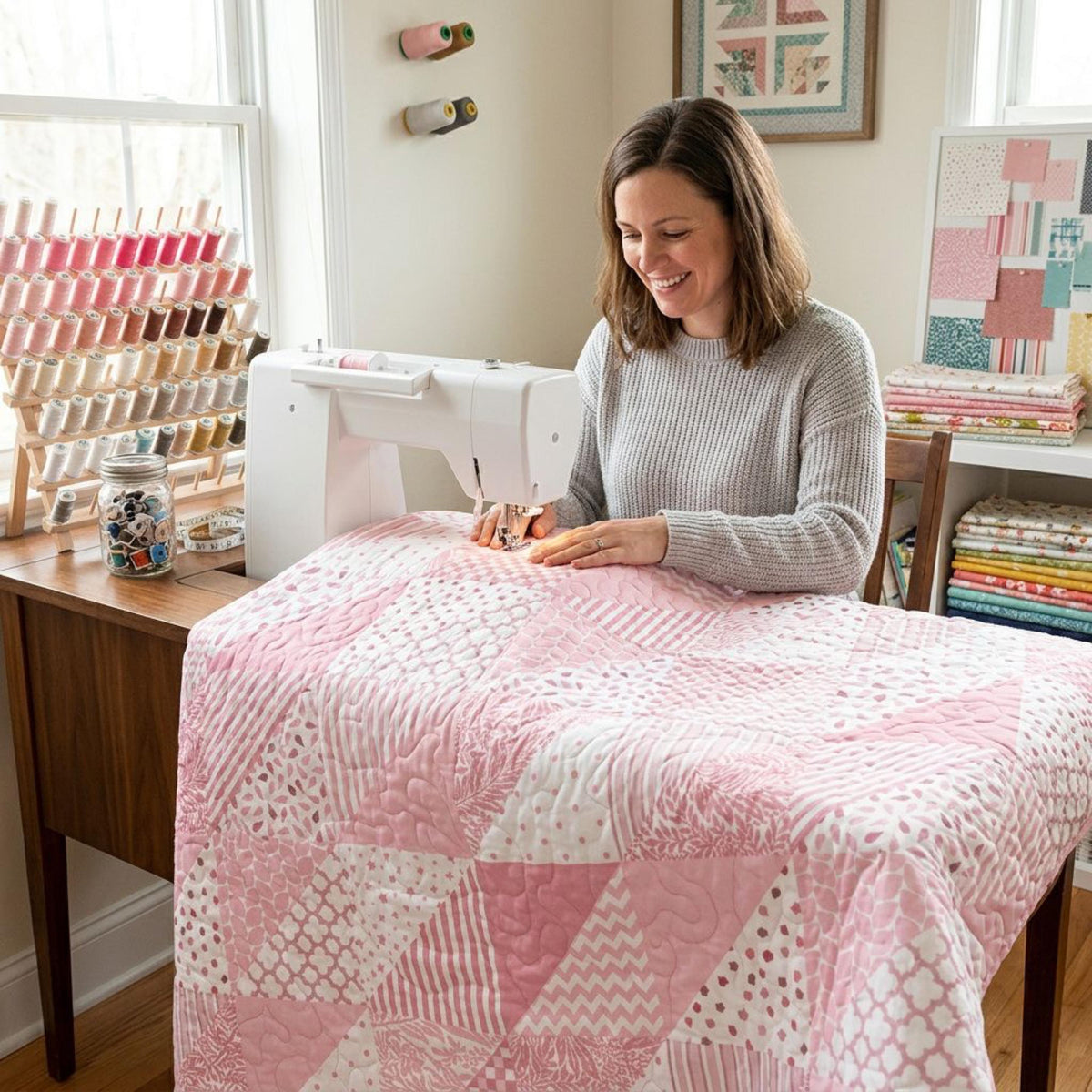 Quilter sewing a baby quilt from pink printed patchwork cheater fabric