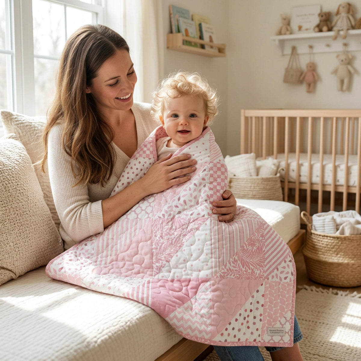 Mother and child with a finished pink cheater quilt baby blanket in a nursery