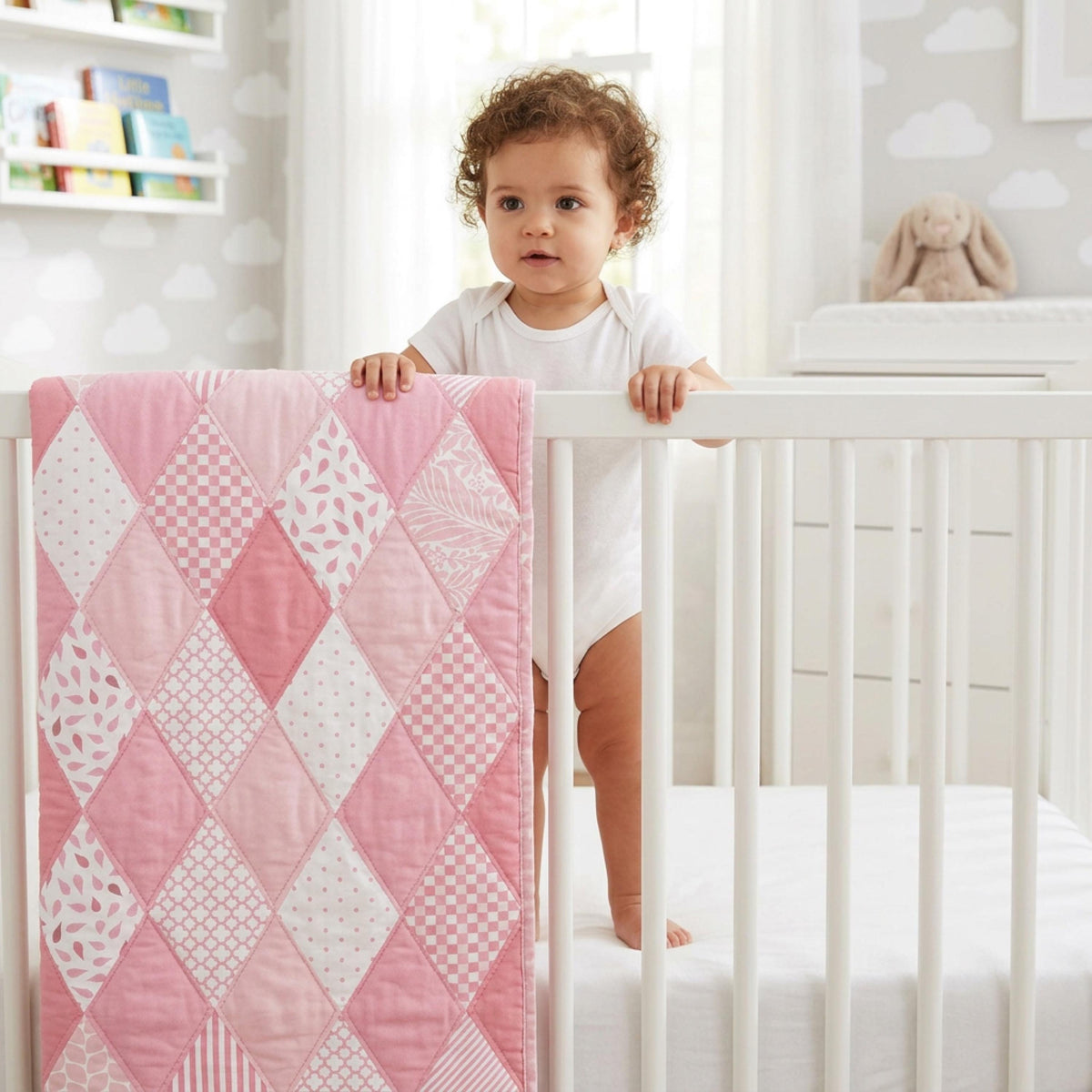 Blush pink and white nursery cheater fabric with faux pieced diamonds