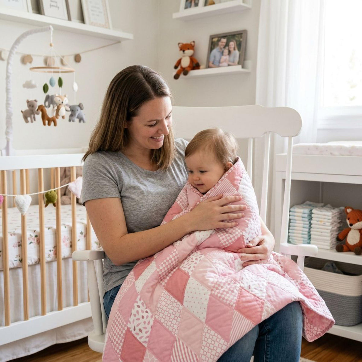 Finished pink diamond baby quilt in a nursery with mother and baby