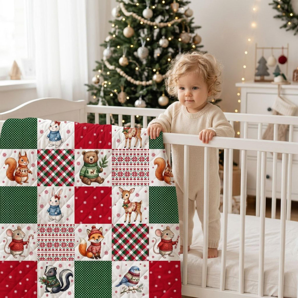 Finished woodland Christmas quilt in a nursery with red and green patchwork blocks