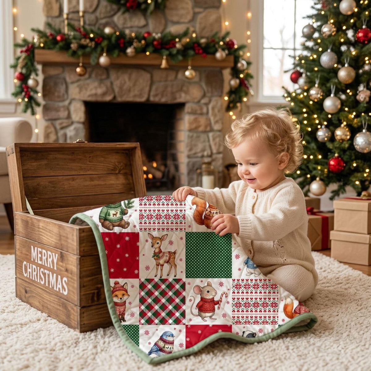 Child with a handmade woodland Christmas quilt made from printed cheater fabric