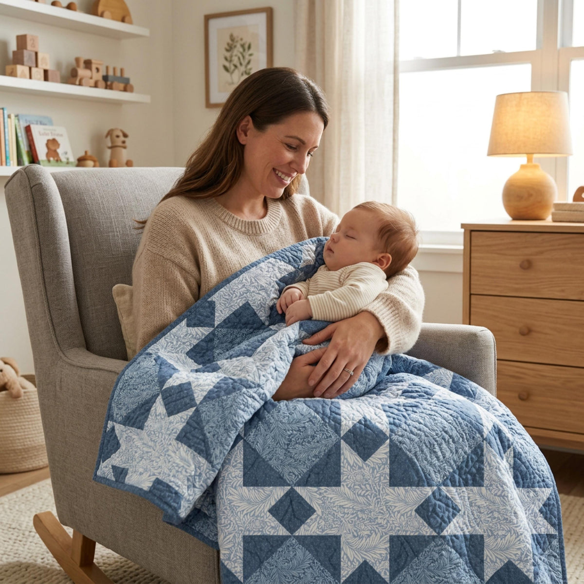 Mother holding a baby wrapped in a blue and white William Morris star quilt