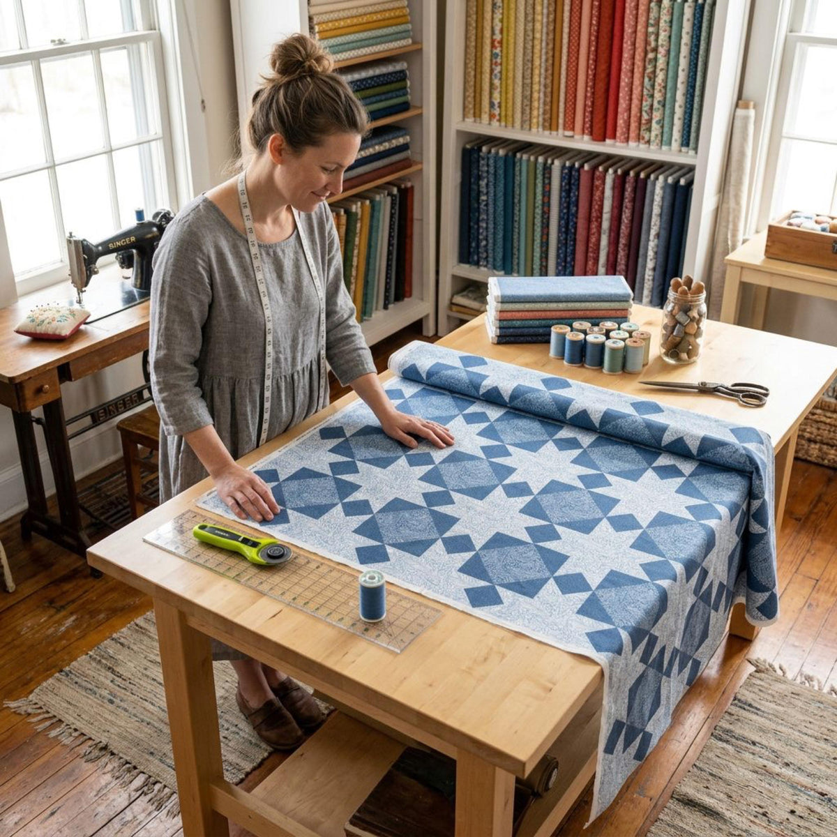 Quilter preparing blue and white star cheater quilt fabric