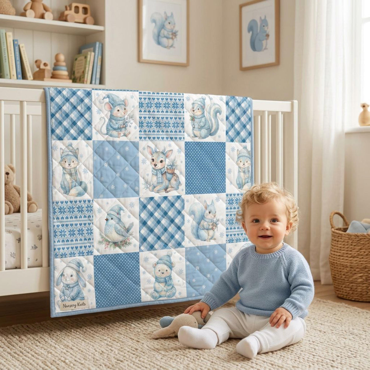 Nursery with a finished Christmas woodland baby quilt of watercolor animals and blue blocks