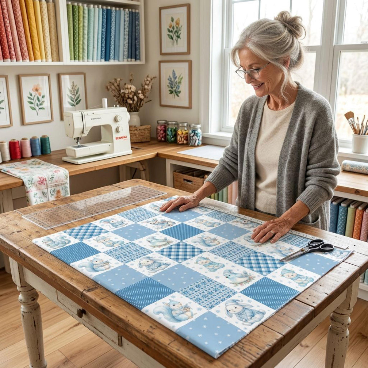 Christmas woodland cheater quilt fabric displayed in a quilting studio