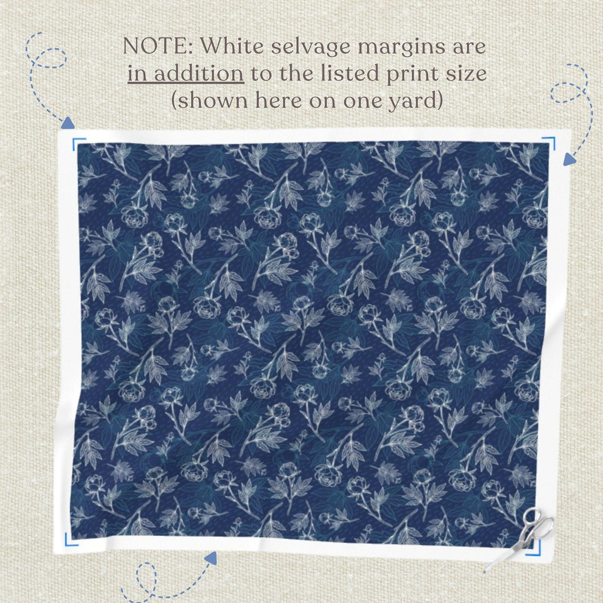 Navy peony sketch floral quilting fabric print