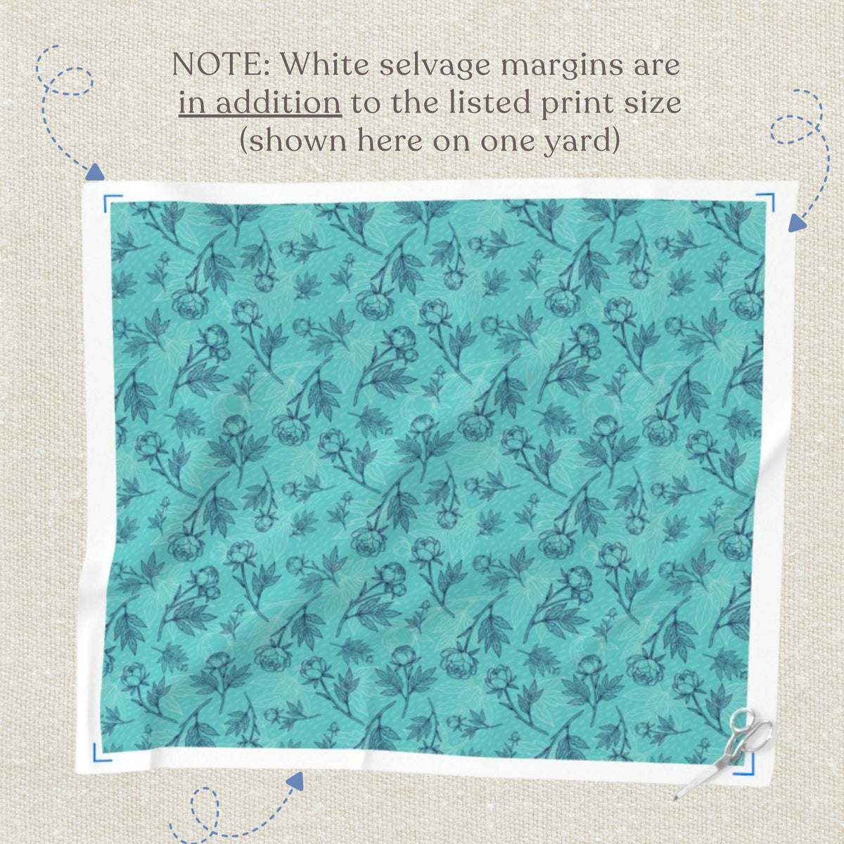 Aqua peony sketch floral quilting fabric print