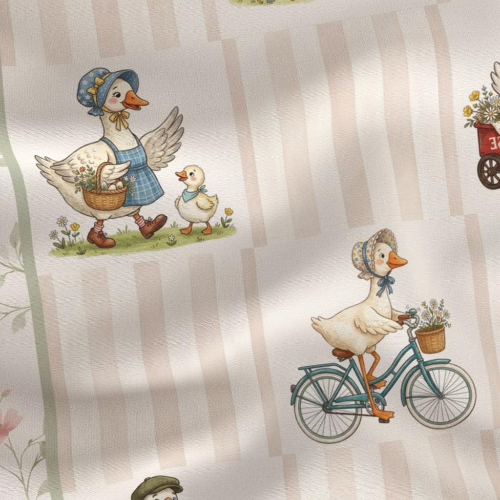 Close-up of the vintage geese illustrations on the Silly Goose baby quilt panel