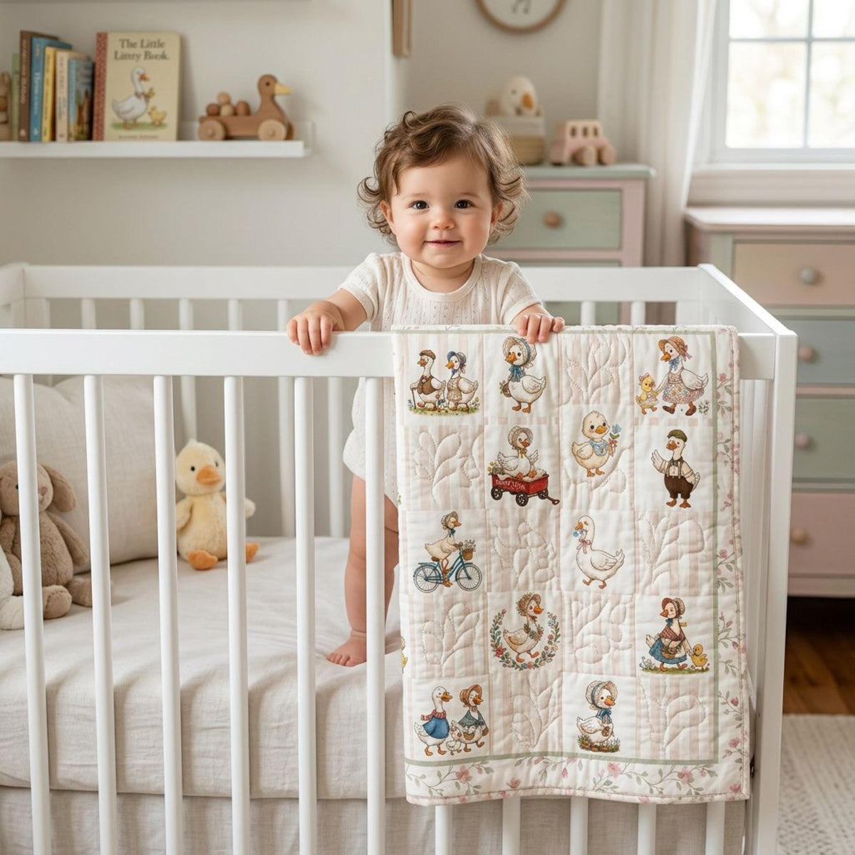 Finished Silly Goose baby quilt draped over a crib with a baby girl, made from the no-piecing quilt panel
