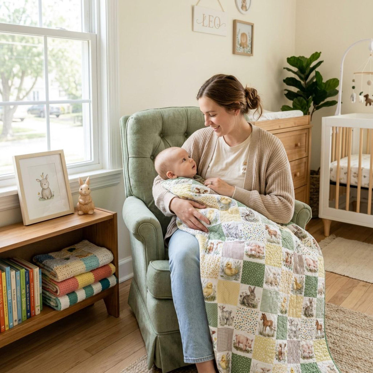 Mother holding a baby wrapped in a finished farm animal patchwork quilt