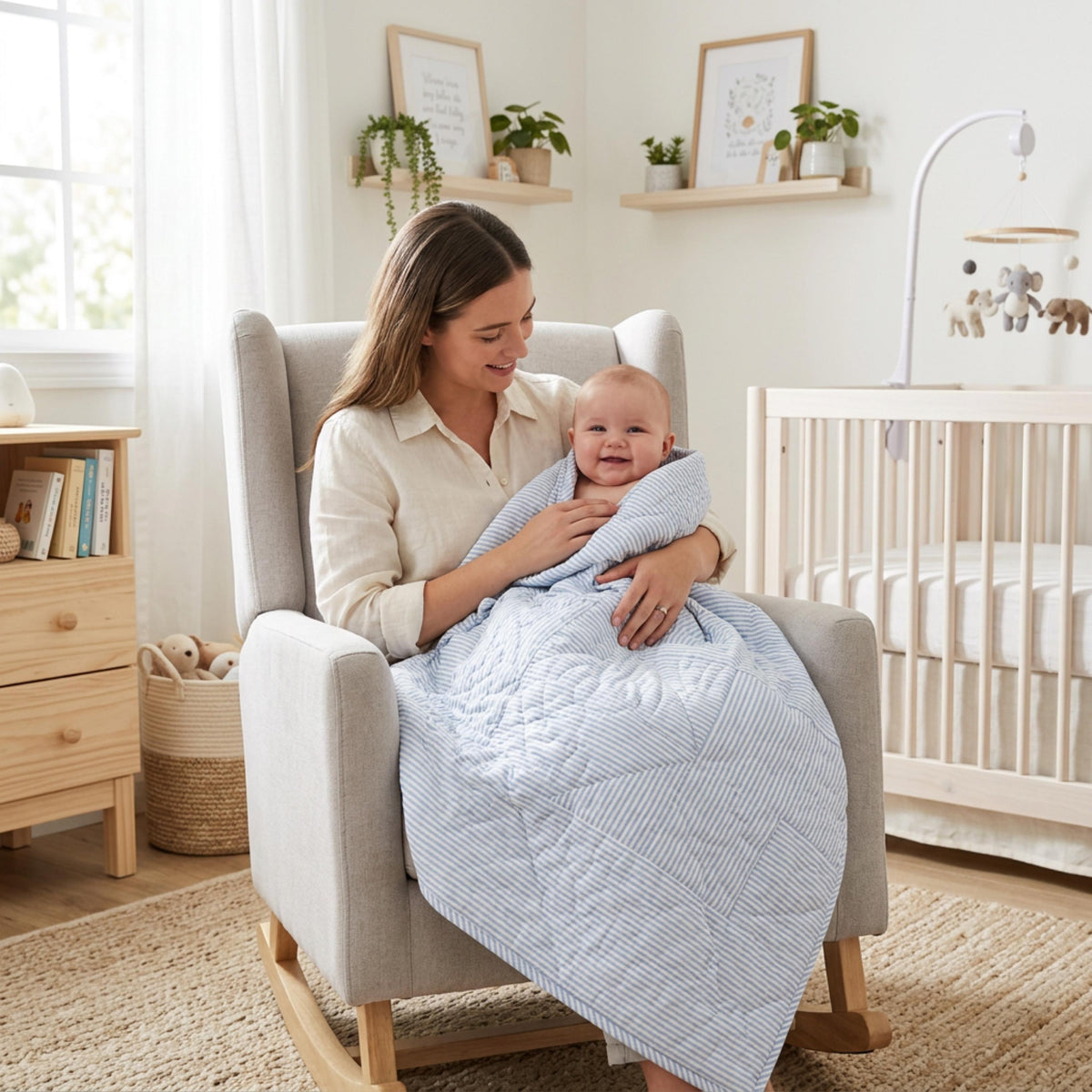 Mother cuddling her baby in a soft nursery quilt – candy stripe quilting cotton suits baby quilts, blankets and backings