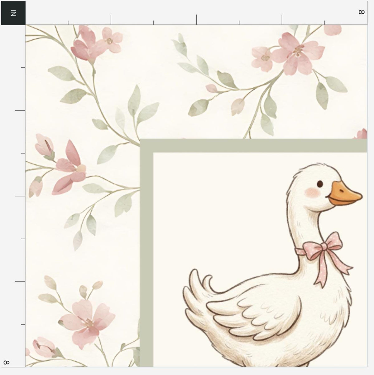 Silly Goose quilt panel goose motif beside an 8-inch ruler showing print scale