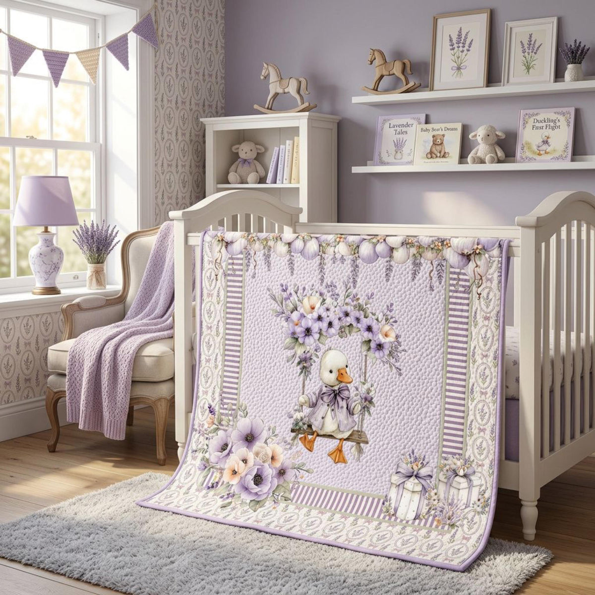 Finished Lavender Goose baby quilt in a baby girl nursery with a crib