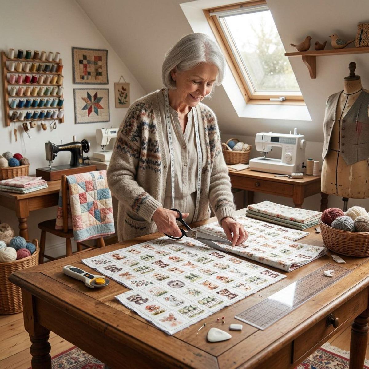 Quilter preparing a woodland baby quilt from printed patchwork cheater fabric
