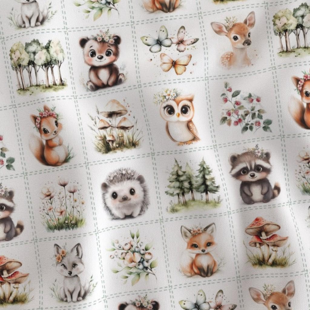 Close-up of watercolor deer, foxes, owls, bears and rabbits on woodland quilt blocks