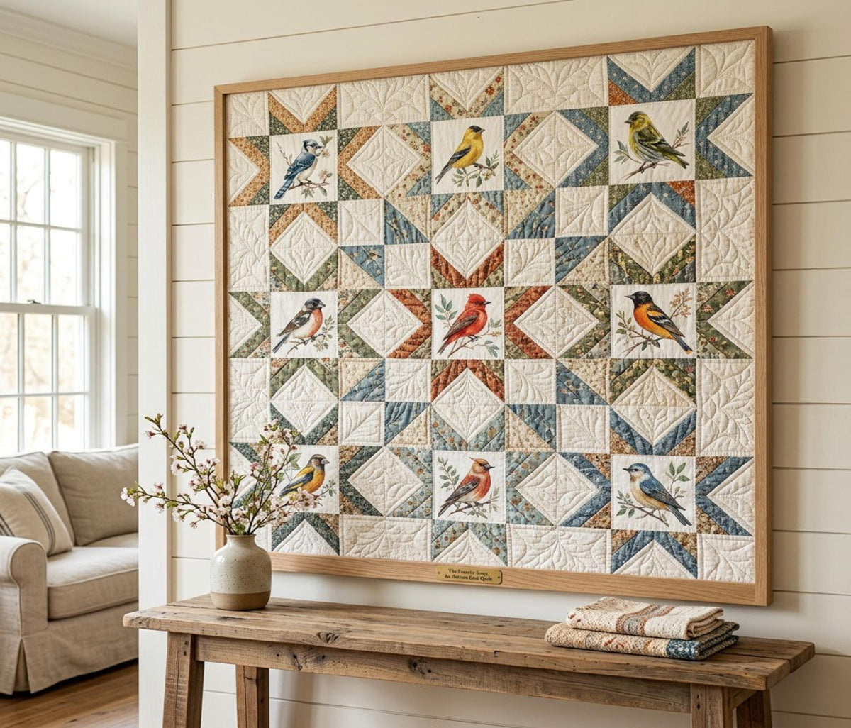 Songbird quilt hung as a wall hanging with patchwork bird blocks