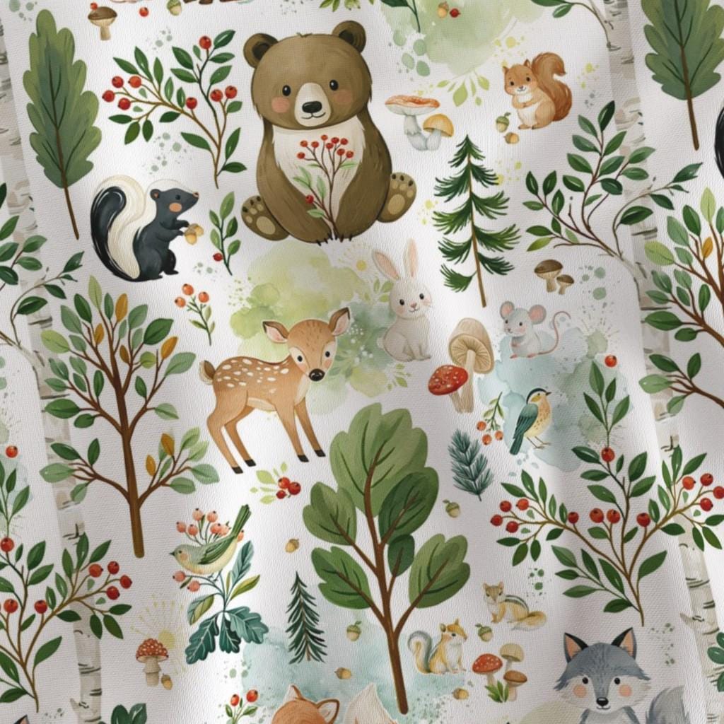 Watercolor woodland animals quilting cotton by the yard with foxes, bears, deer and bunnies