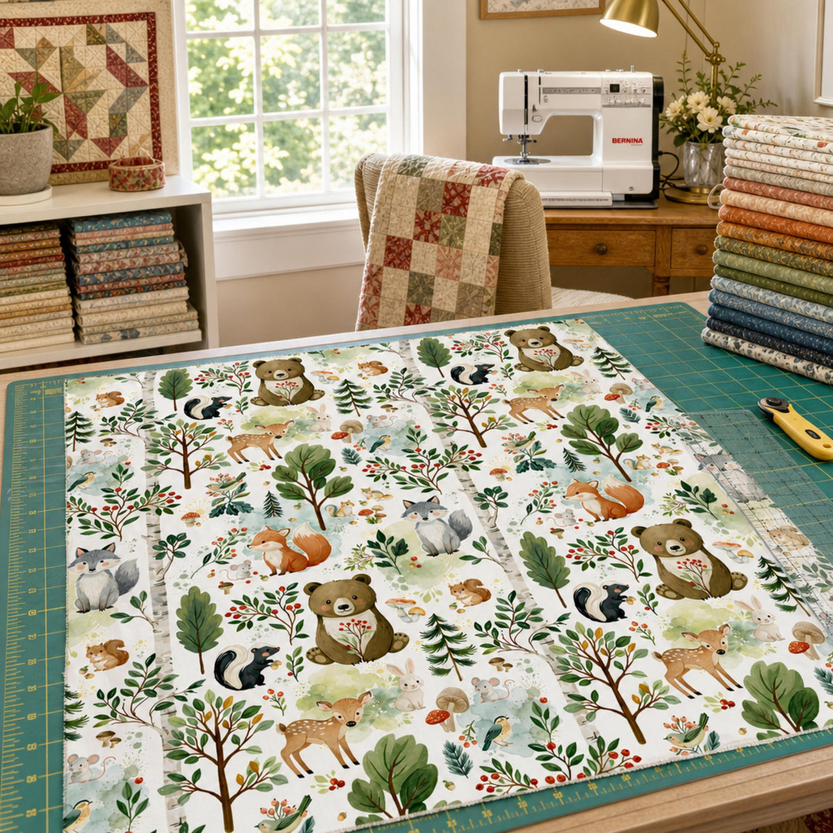 Watercolor forest animal quilting fabric print