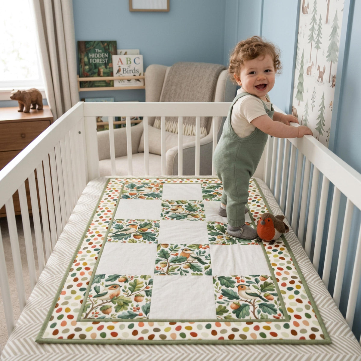 Baby boy standing in a crib on a finished woodland bird quilt
