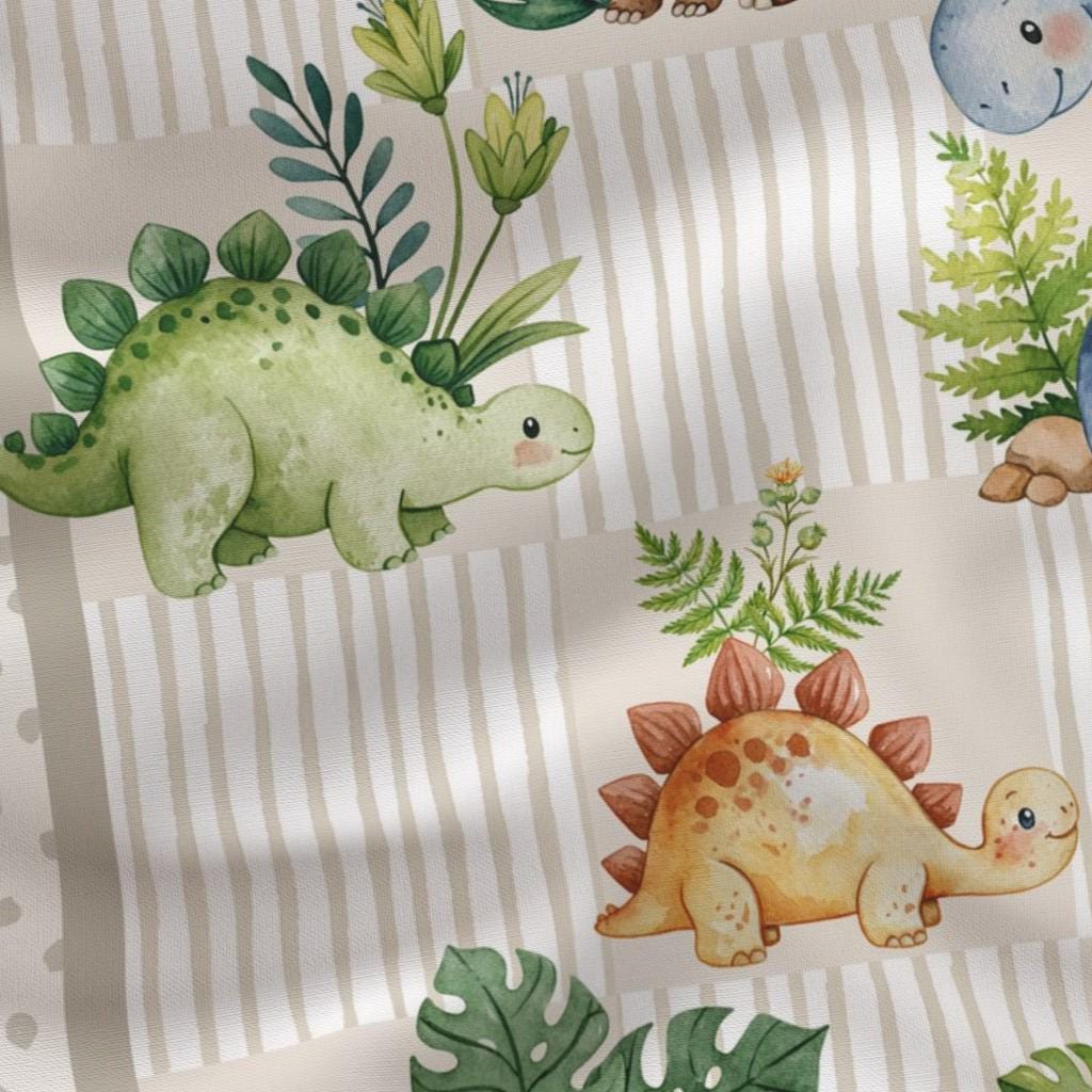 Close-up of cute watercolor dinosaurs on the Little Jurassic no-piecing quilt panel