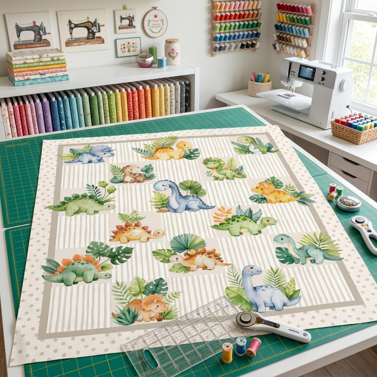 Little Jurassic dinosaur quilt panel laid on a cutting mat, ready for quilting and binding