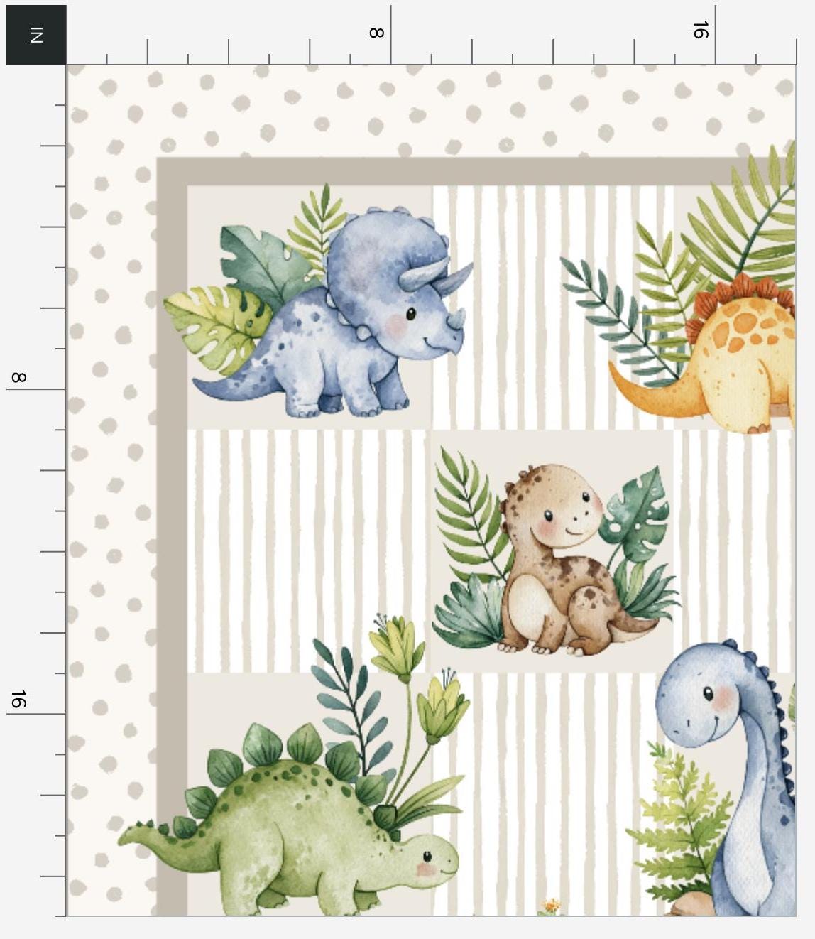 Detail of Little Jurassic dinosaur illustration and striped background printed on quilting cotton