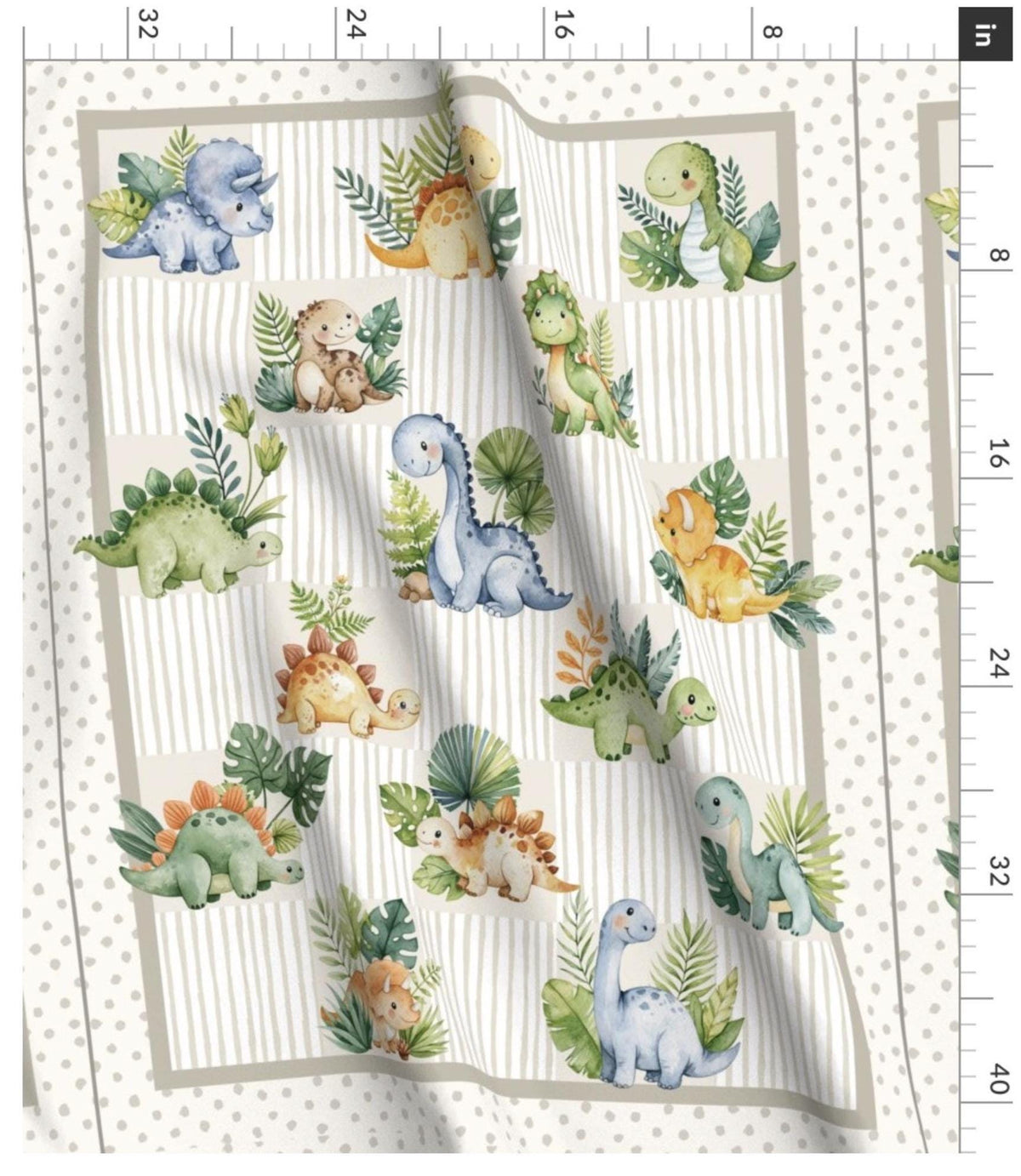Little Jurassic dinosaur quilt panel showing watercolor dinosaurs and border prints on a yard of fabric