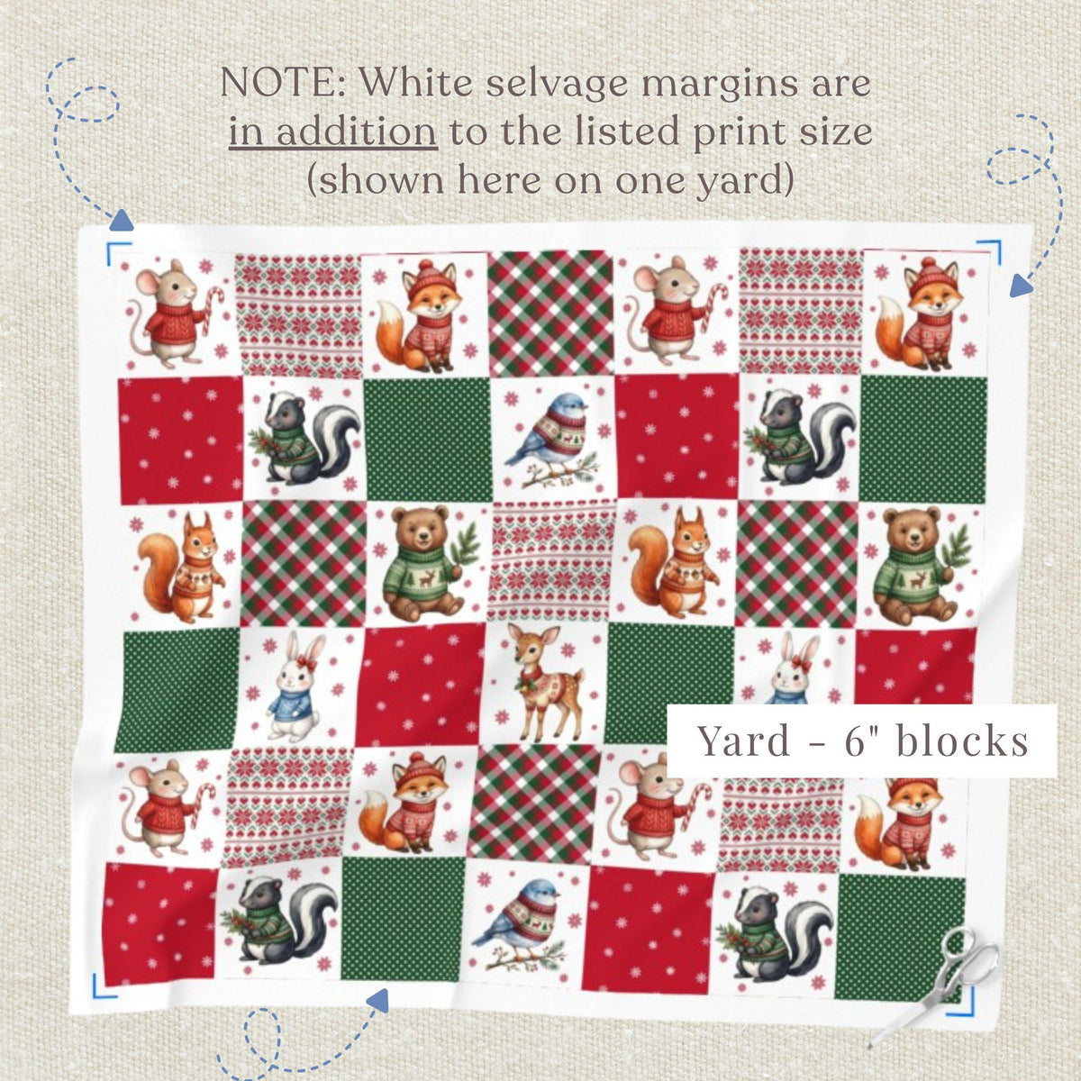 One-yard layout guide showing 6-inch woodland Christmas quilt blocks