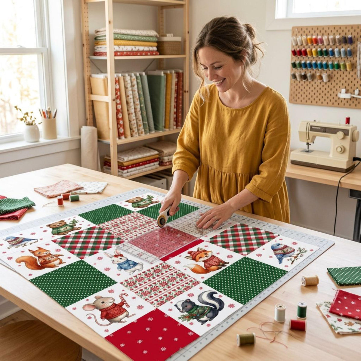 Quilter trimming wholecloth Christmas fabric with animals in red and green sweaters