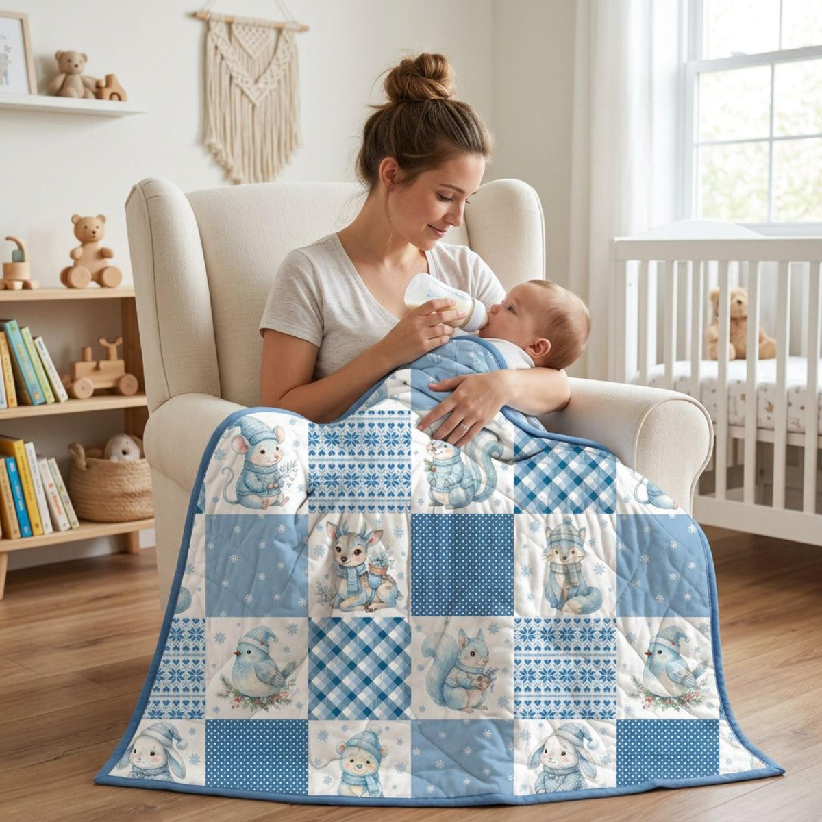 Handmade baby boy Christmas quilt sewn from woodland cheater fabric