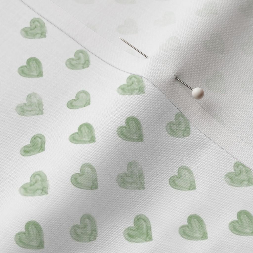 Sage tiny watercolor hearts quilting cotton fabric by the yard