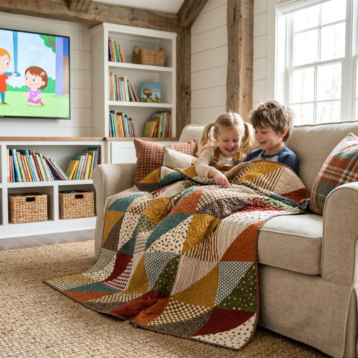 Family relaxing under a cozy autumn faux patchwork quilt made with no piecing