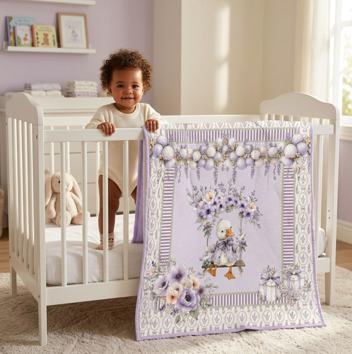 Toddler holding a finished Lavender Goose baby quilt made from the no-piecing panel