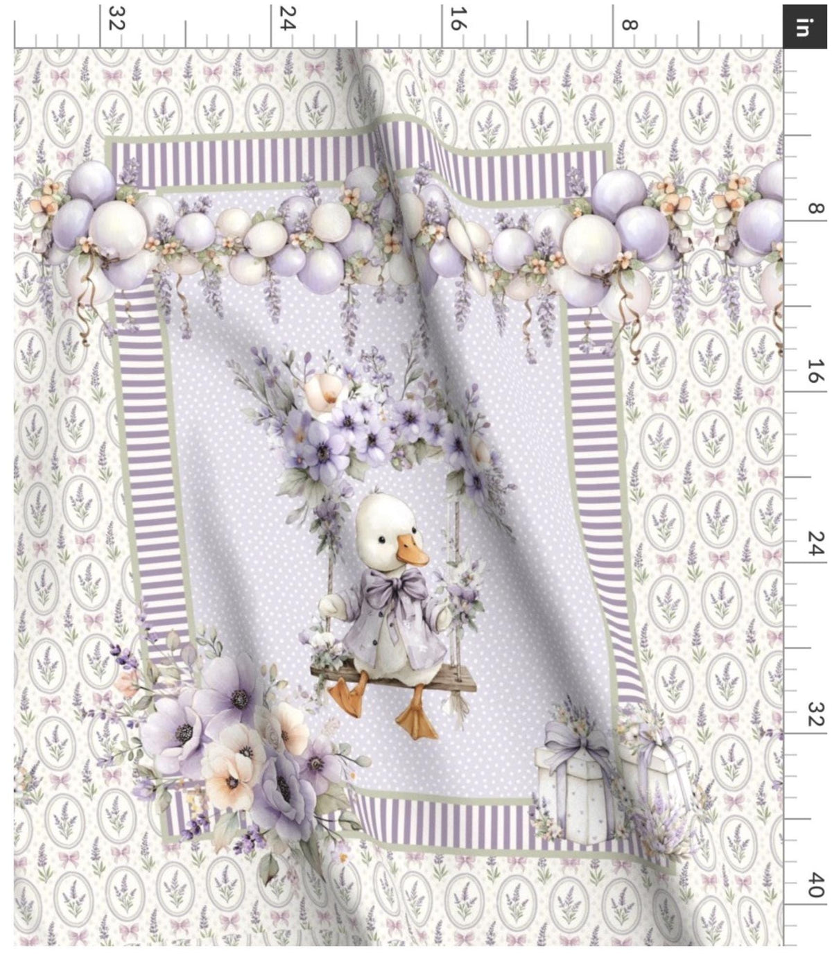 Detail of the floral garland border, geese and lavender blossoms on the quilt panel